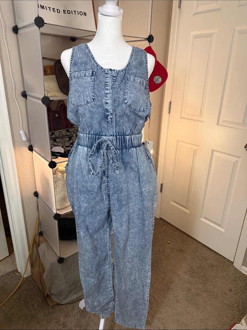 Acid-Wash Denim Sleeveless Jumpsuit with Drawstring Waist - Blue